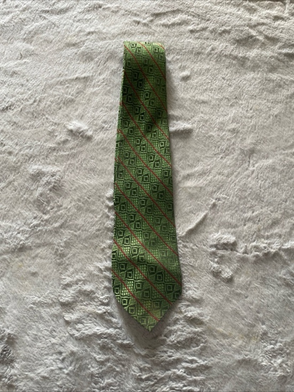 Vintage America Green Geometric Tie with Red Accent Stripes